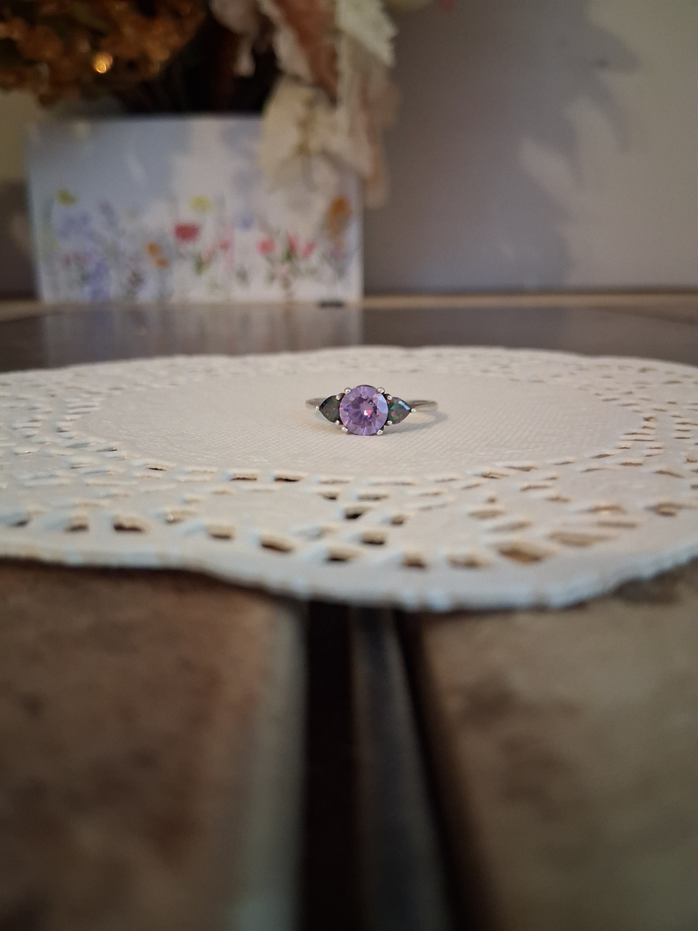 Sterling Silver Lavender Center Stone Ring with Green Accent Stones